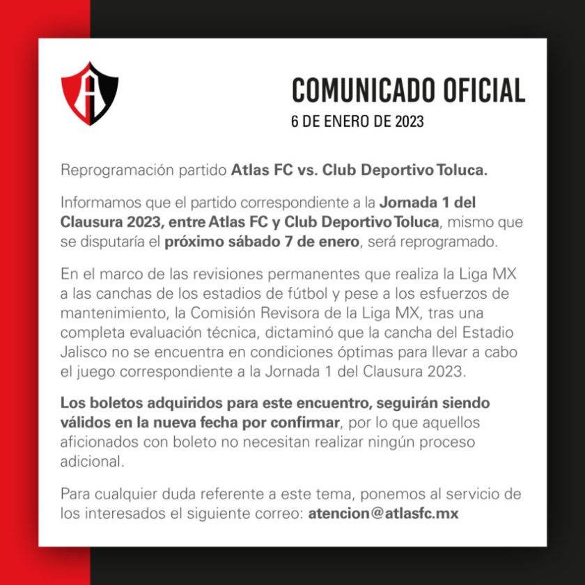 La Liga Mx informó que el duelo entre Atlas y Toluca que se jugaría el sábado no se podrá realizar y será reprogramado 