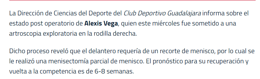 Alexis Vega, fuera de 6 a 8 semanas con las Chivas