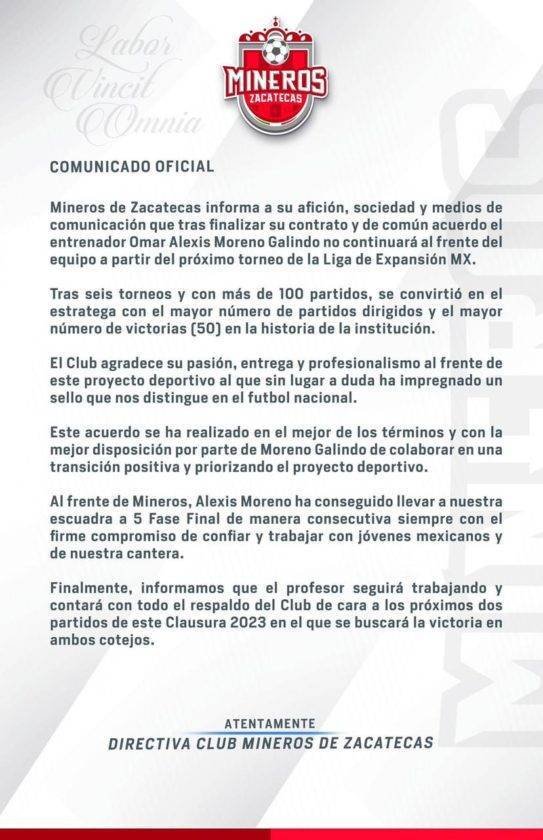 Mineros oficializó la salida de Alexis Moreno.