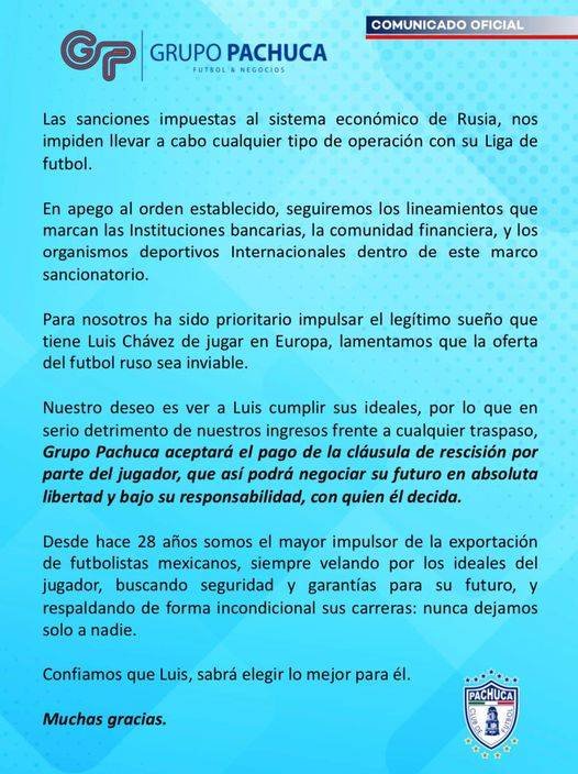 Pachuca informó que no puede negociar a Luis Chávez a Rusia. 