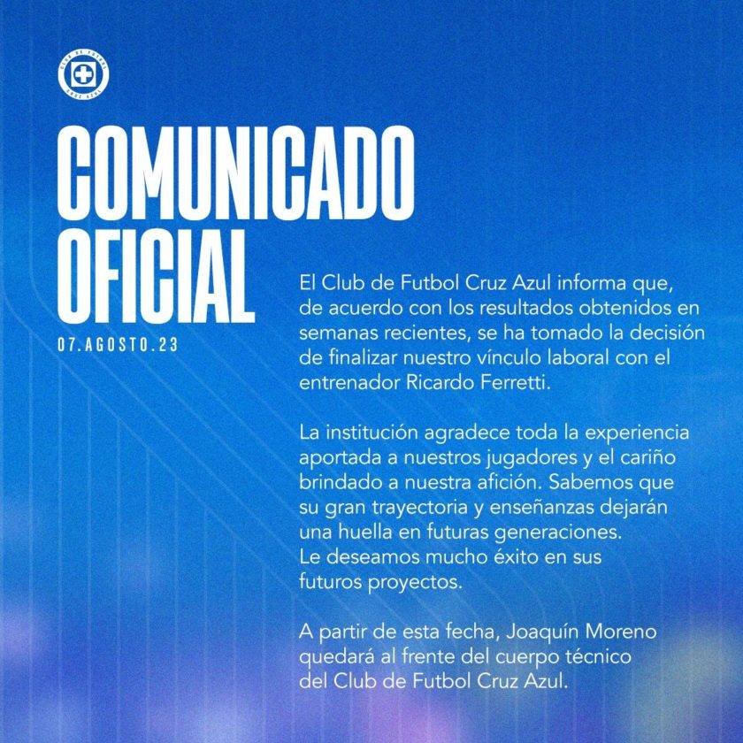 Cruz Azul anunció el despido de Ricardo Tuca Ferretti con este comunicado. 