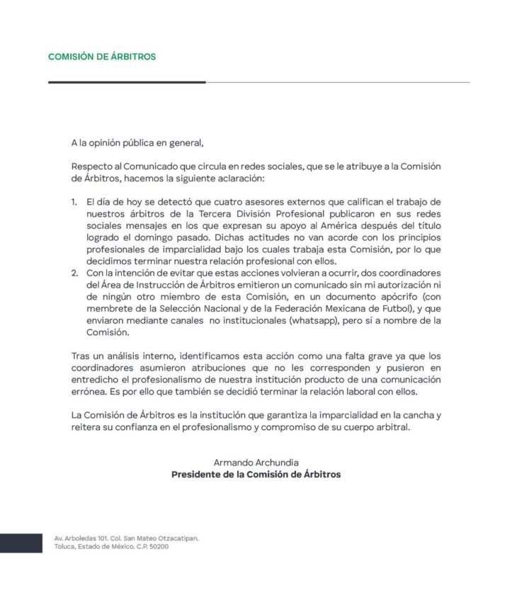 CARTA ENVIADA por la COMISIÓN de ARBITRAJE.